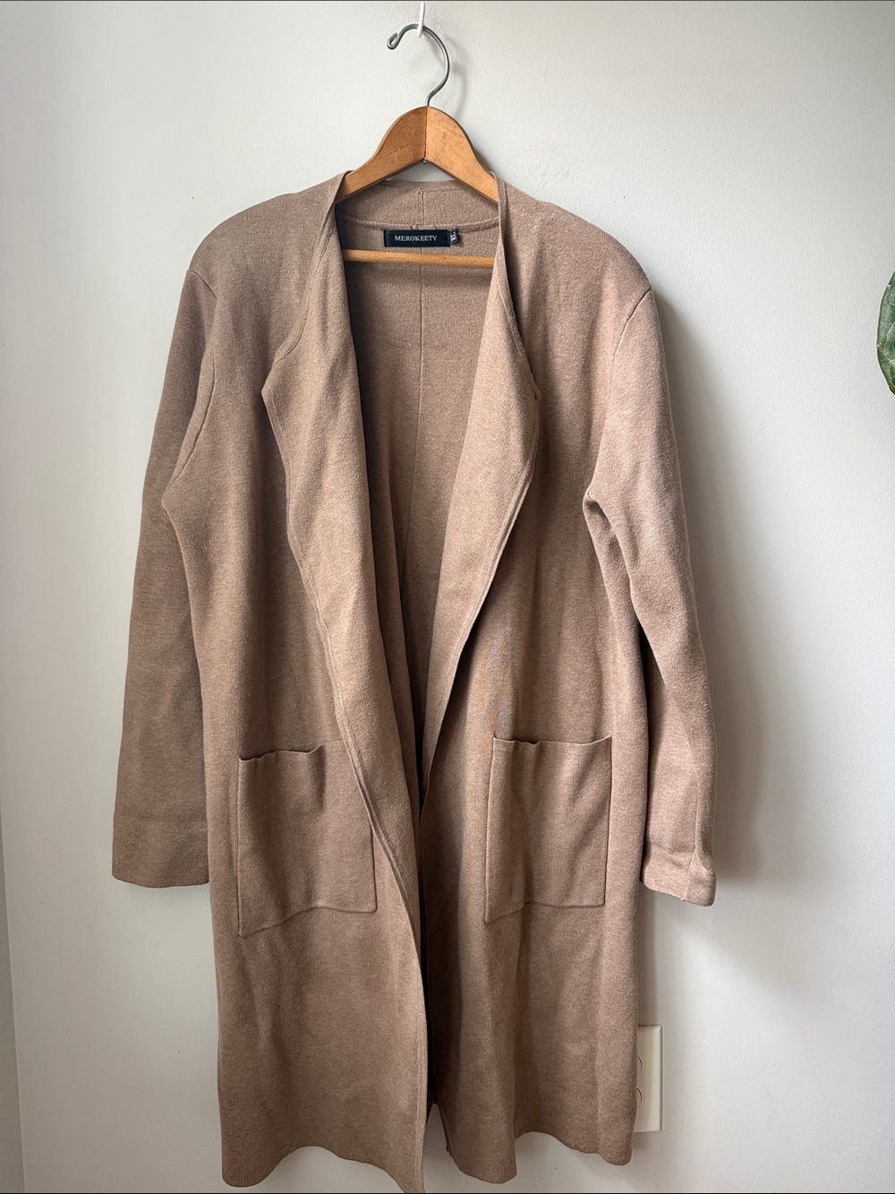MEROKEETY Long Open Front Wool Blend Cardigan Duster Sweater Coat Pockets Camel